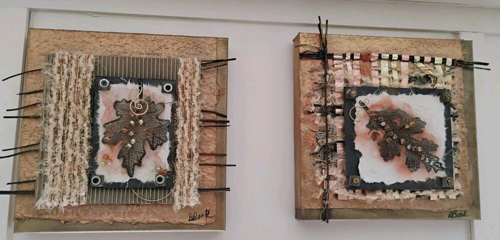 2 Sign D. Boak Mixed Media Assemblage Art 12" Industrial Organic Steampunk